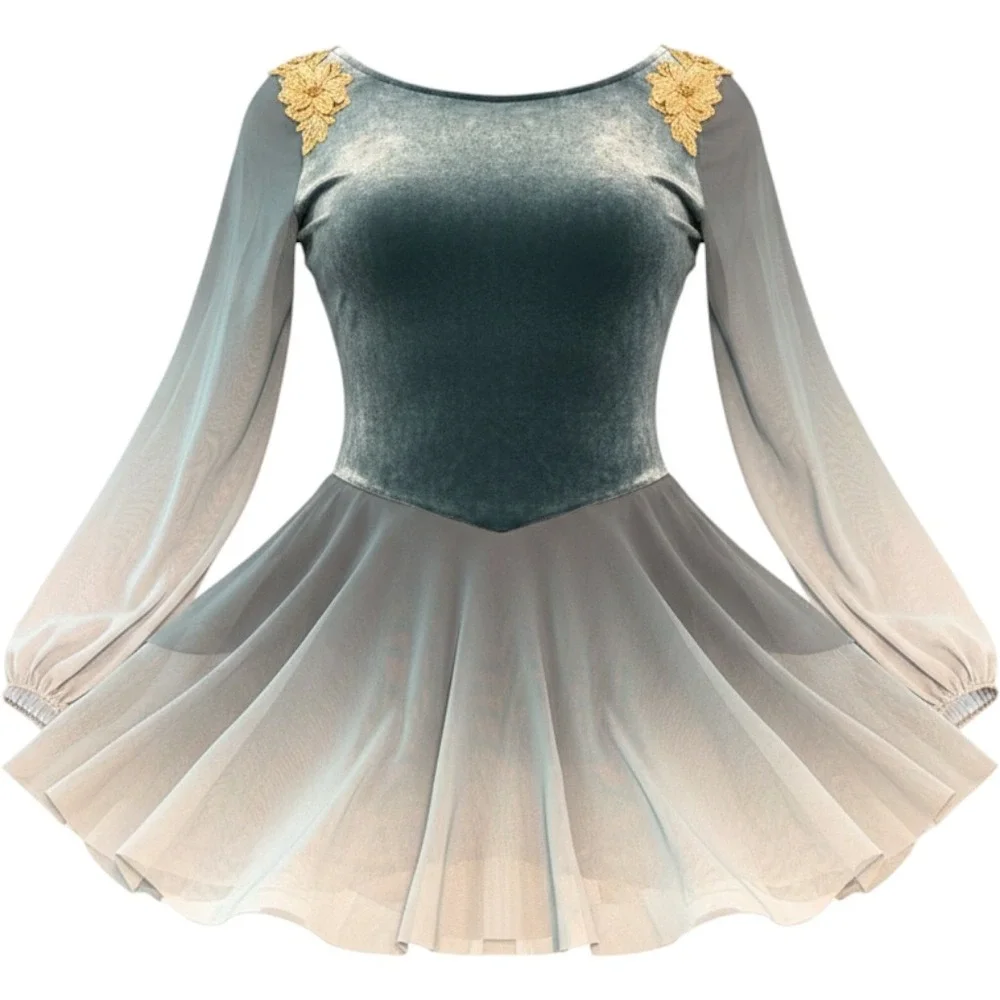 Weissman Lyrical Dance Costume Teal Blue Velvet Ombre Mesh Gold Floral 13369 LA